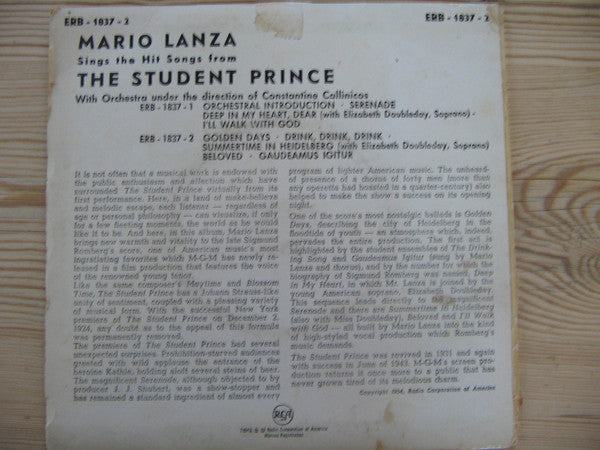 Mario Lanza : Mario Lanza Sings The Hit Songs From The Student Prince (7", EP)