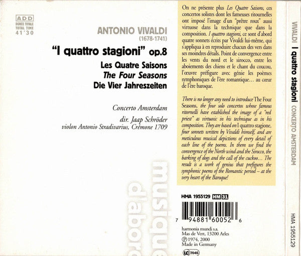 Antonio Vivaldi, Concerto Amsterdam, Jaap Schröder : I Quattro Stagioni (CD, RE, Dig)