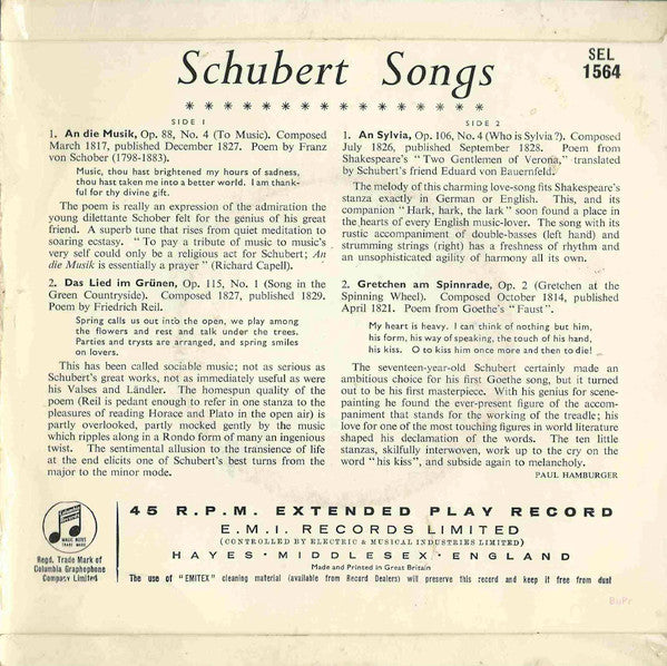 Franz Schubert - Elisabeth Schwarzkopf, Edwin Fischer : Schubert Song Recital No. 1 - Schubert Songs (7", EP)