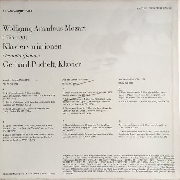 Gerhard Puchelt - Wolfgang Amadeus Mozart : Klaviervariationen - Gesamtaufnahme (3xLP + Box)