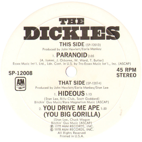 The Dickies : Paranoid ▪ Hideous ▪ You Drive Me Ape (You Big Gorilla) (10", Maxi, Ltd, Whi)