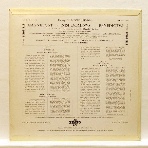 Henry Dumont - Chorale Philippe Caillard, Orchestre De Chambre Jean-François Paillard, Louis Frémaux : Magnificat / Nisi Dominus / Benedictus (LP, Album)