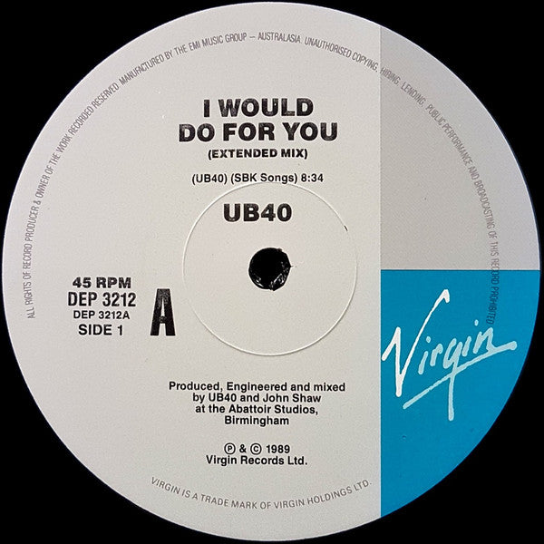 UB40 : I Would Do For You (Extended Mix) (12", Single)