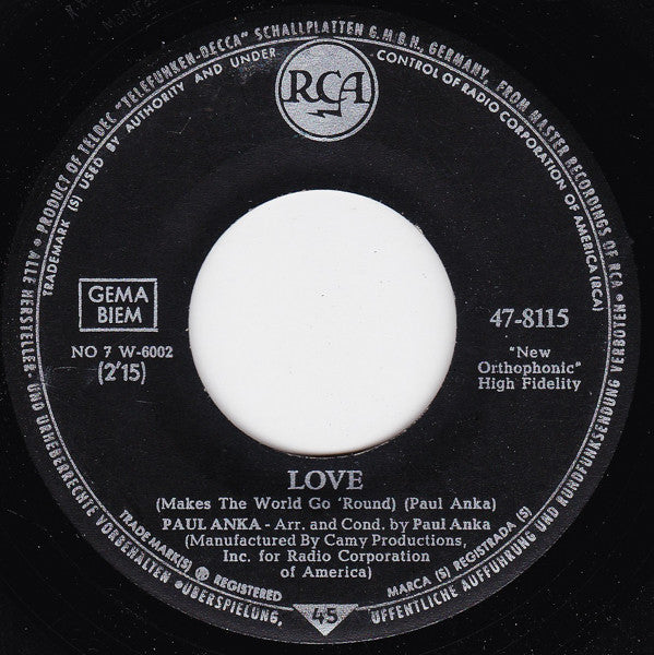 Paul Anka : Love (Makes The World Go 'Round) (7", Single)