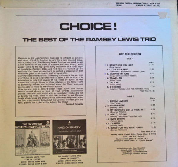 The Ramsey Lewis Trio : Choice! (The Best Of The Ramsey Lewis Trio) (LP, Comp)