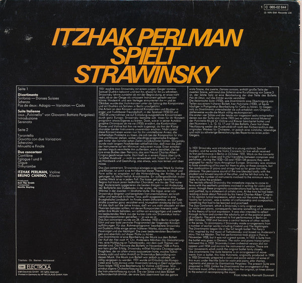 Itzhak Perlman, Bruno Canino, Igor Stravinsky : Itzhak Perlman Spielt Strawinsky (LP, Album)
