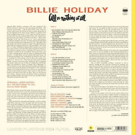 Billie Holiday : All Or Nothing At All (LP, Album, Ltd, RE, Yel)
