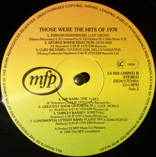 Various : Those Were The Hits Of 1970 (LP, Comp)