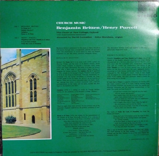 Benjamin Britten, Henry Purcell, The New College Oxford Choir : Church Music (LP, Album)