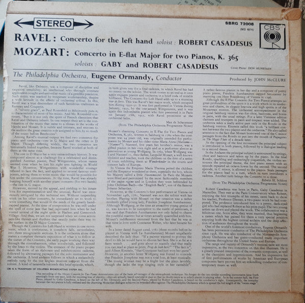 Ravel*, Mozart* - Robert Casadesus, Eugene Ormandy, The Philadelphia Orchestra : Concerto For The Left Hand / Concerto In E-Flat Major K. 365 (LP)