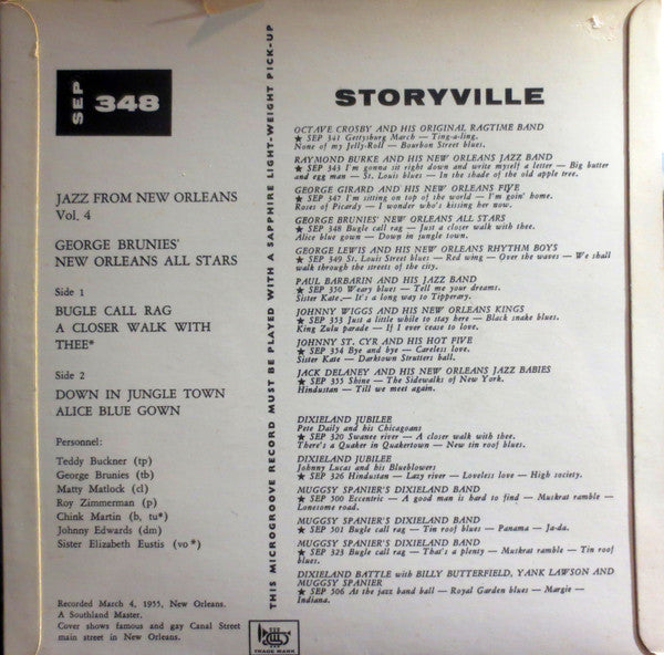 George Brunies & His New Orleans Allstars Featuring Teddy Buckner : Bugle Call Rag / A Closer Walk With Thee / Down In The Jungle Town / Alice Blue Gown (7", EP)