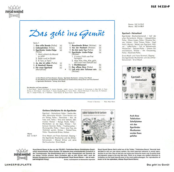 Die Original Egerländer Musikanten , Leitung: Ernst Mosch : Das Geht Ins Gemüt (Die Original Egerländer Musikanten Spielen Und Singen) (LP, Album)