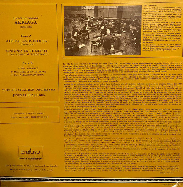 Juan Crisóstomo de Arriaga, English Chamber Orchestra, Jesús López-Cobos : Sinfonia "En Re Menor" - Los Esclavos Felices (Obertura) (LP)
