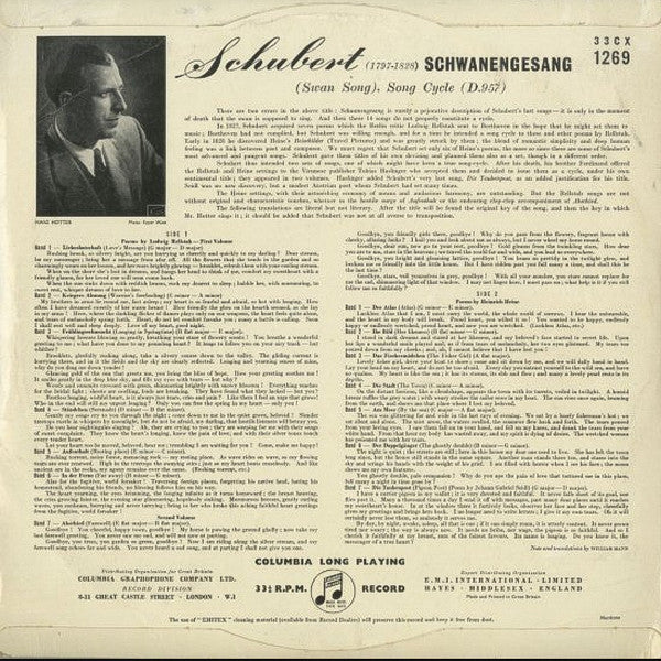Franz Schubert, Hans Hotter, Gerald Moore : Schwanengesang (Swan Song) Song Cycle (D.957) (LP, Mono)