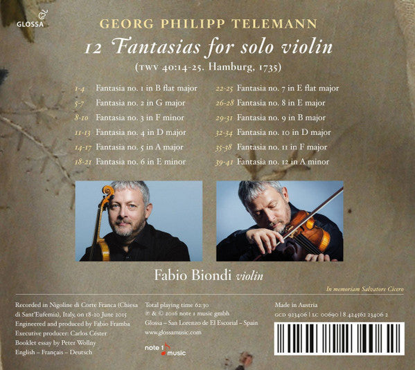 Georg Philipp Telemann / Fabio Biondi : 12 Fantasias For Solo Violin (CD, Album)