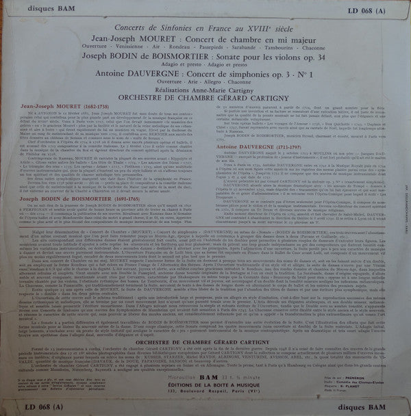 Jean-Joseph Mouret, Joseph Bodin de Boismortier, Antoine Dauvergne, Orchestre De Chambre Gérard Cartigny : Concerts de Sinfonies en France Au XVIIIe Siècle (LP, Album, Mono)