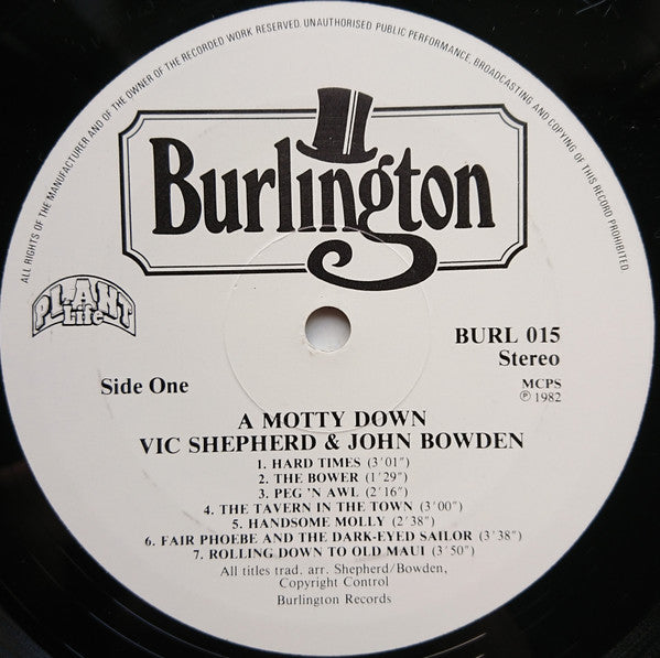 Vic Shepherd (2) & John Bowden (9) : A Motty Down (LP, Album)