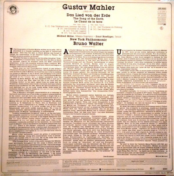 Gustav Mahler - Mildred Miller, Ernst Haefliger, The New York Philharmonic Orchestra, Bruno Walter : Das Lied Von Der Erde (LP, RP)
