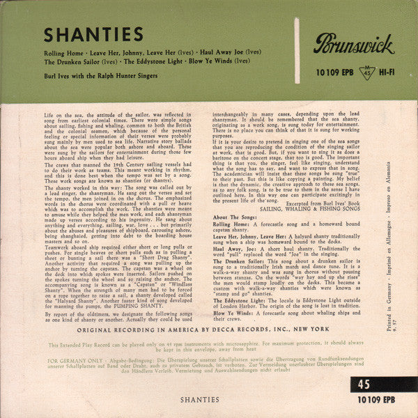 Burl Ives With Ralph Hunter Choir : Shanties (7", EP)