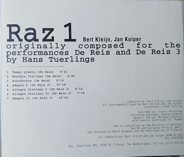 Bert Kleijn, Jan Kuiper : Raz 1 (CD, Album)