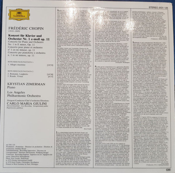 Frédéric Chopin, Krystian Zimerman · Los Angeles Philharmonic Orchestra, Carlo Maria Giulini : Klavierkonzert · Piano Concerto No. 1 (LP, Album)