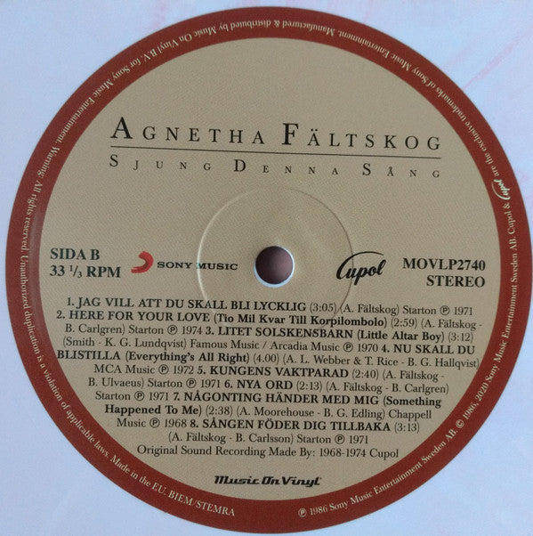 Agnetha Fältskog : Sjung Denna Sång (LP, Comp, Ltd, Num, RE, 180)