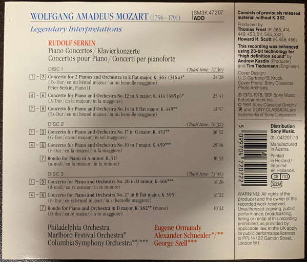 Wolfgang Amadeus Mozart - Rudolf Serkin, Alexander Schneider, George Szell, Eugene Ormandy, Marlboro Festival Orchestra, Columbia Symphony Orchestra, The Philadelphia Orchestra : Piano Concertos (3xCD, Comp, RE)
