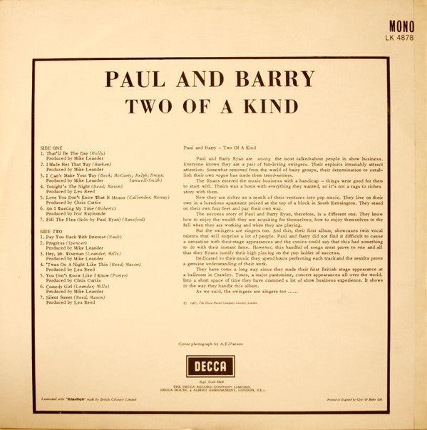 Paul & Barry Ryan : Two Of A Kind (LP, Album, Mono)