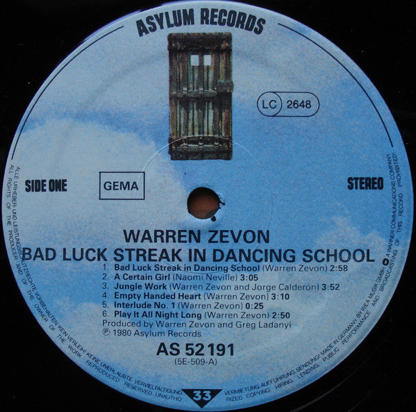 Warren Zevon : Bad Luck Streak In Dancing School (LP, Album)