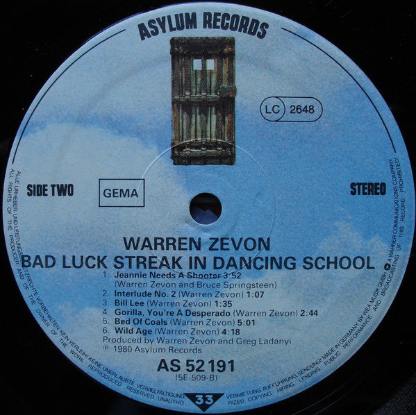 Warren Zevon : Bad Luck Streak In Dancing School (LP, Album)