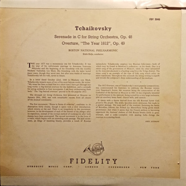 Tchaikovsky*, Boston National Philharmonic • Erich Ridje : 1812 Overture / Serenade For Strings (LP, Album)