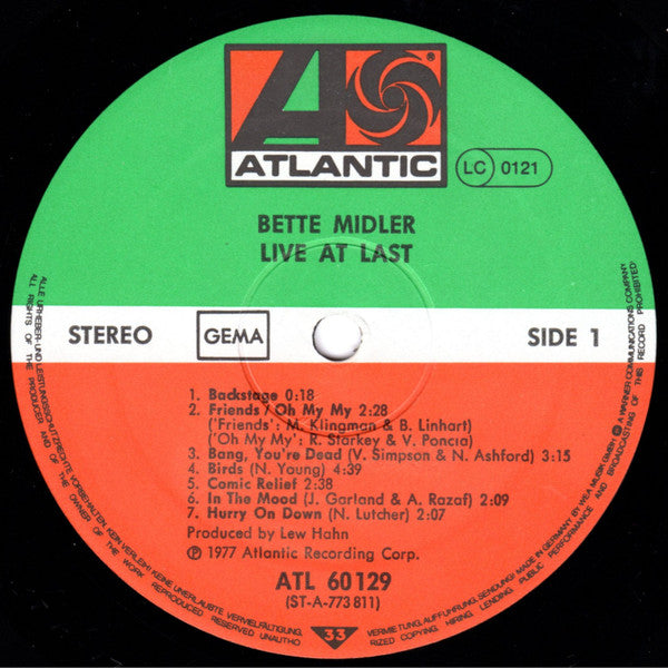 Bette Midler : Live At Last (2xLP, Album)