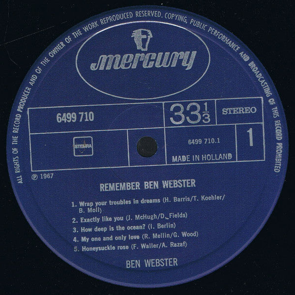 Ben Webster : Remember Ben Webster (LP, Album, RE)