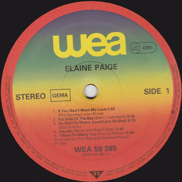 Elaine Paige : Elaine Paige (LP, Album)