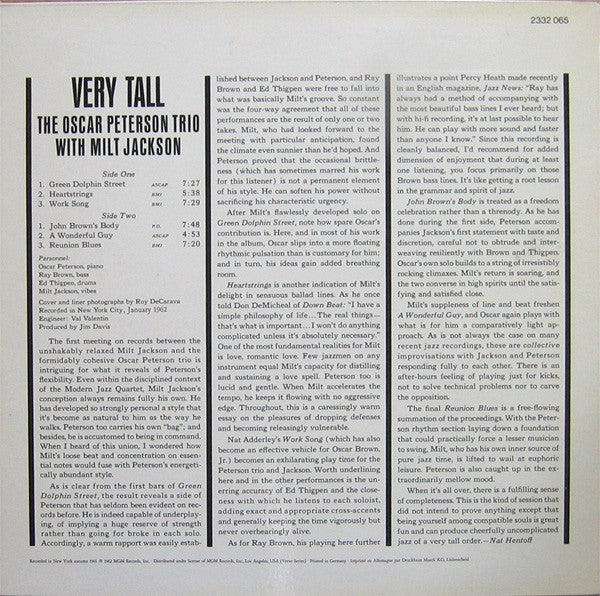 The Oscar Peterson Trio With Milt Jackson : Very Tall (LP, Album, RE)