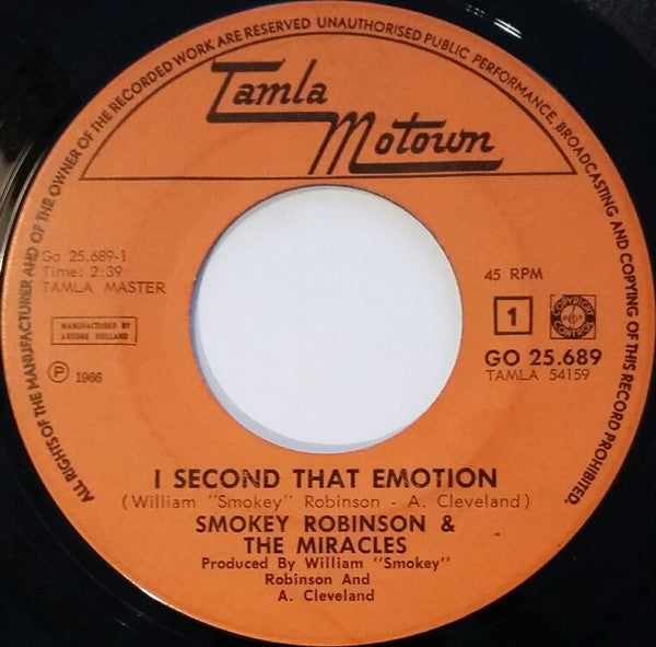 Smokey Robinson & The Miracles : I Second That Emotion (7")