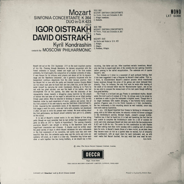 Mozart* - Igor Oistrakh* / David Oistrakh* / Kiril Kondrashin / Moscow Philharmonic* : Sinfonia Concertante K.364 / Duo In G K.423 (LP, Album, Mono)