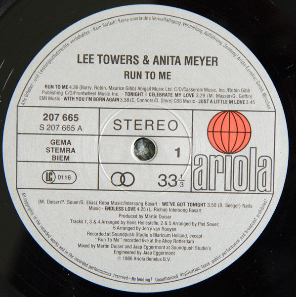 Lee Towers & Anita Meyer : Run To Me (LP, Album)