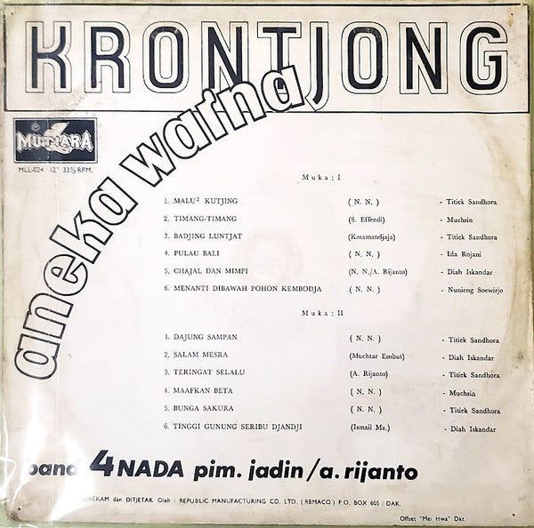 Titiek Sandhora, Muchsin, Ida Rojani, Diah Iskandar, Nunieng Suwarjo : Krontjong Aneka Warna (LP, Comp)