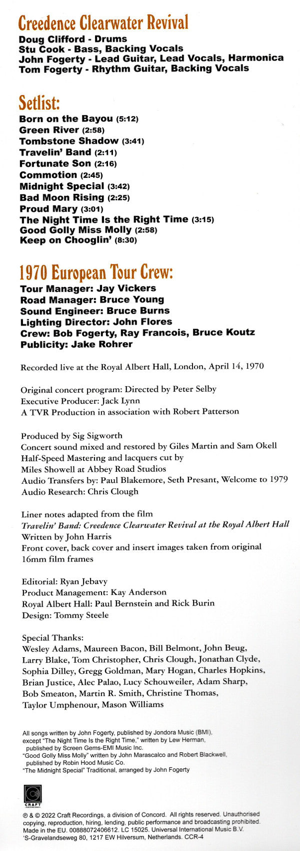 Creedence Clearwater Revival : At The Royal Albert Hall (April 14, 1970) (LP, Album)