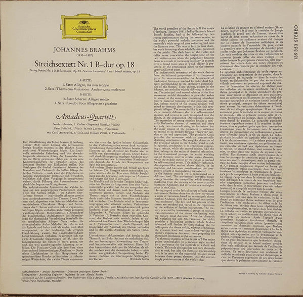 Johannes Brahms – Amadeus-Quartett · Cecil Aronowitz · William Pleeth : Streichsextett Nr. 1 B-dur Op. 18 (LP, RE)