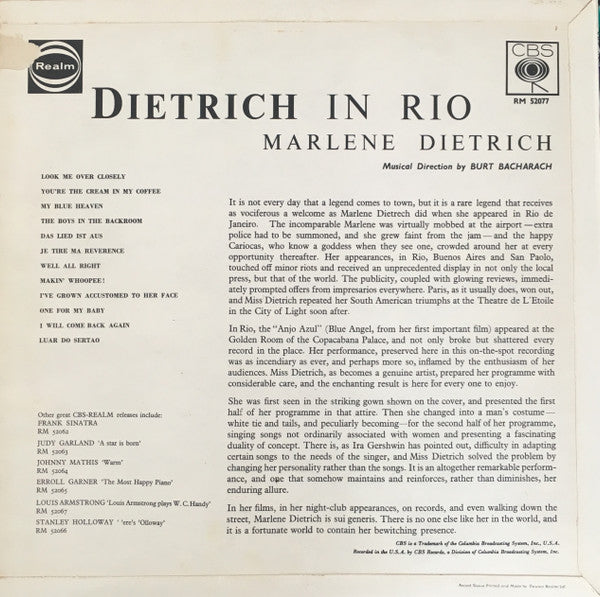 Marlene Dietrich : Dietrich In Rio (LP, Mono)