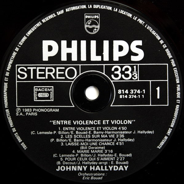 Johnny Hallyday : Entre Violence Et Violon (LP, Album)