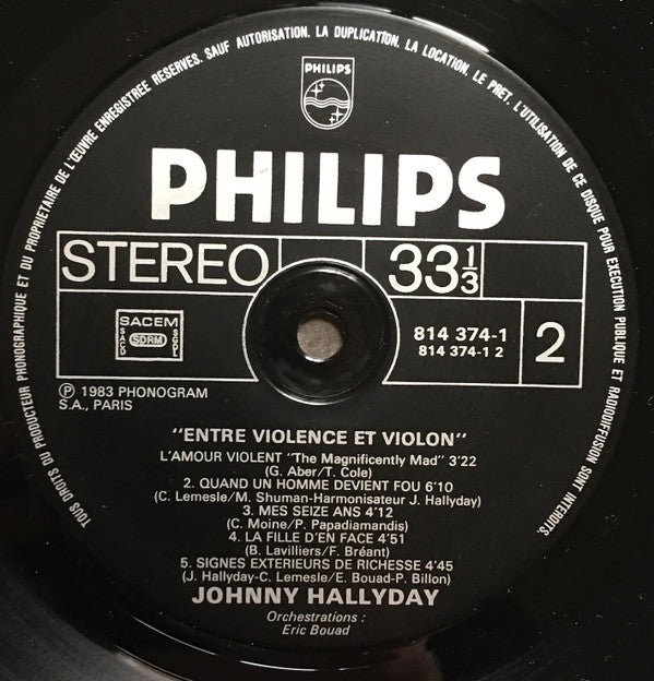Johnny Hallyday : Entre Violence Et Violon (LP, Album)