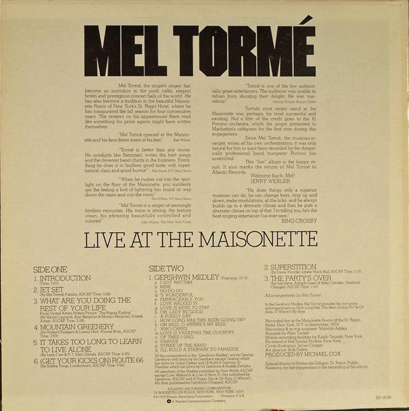 Mel Tormé Featuring Al Porcino Big Band : Live At The Maisonette (LP, Album)