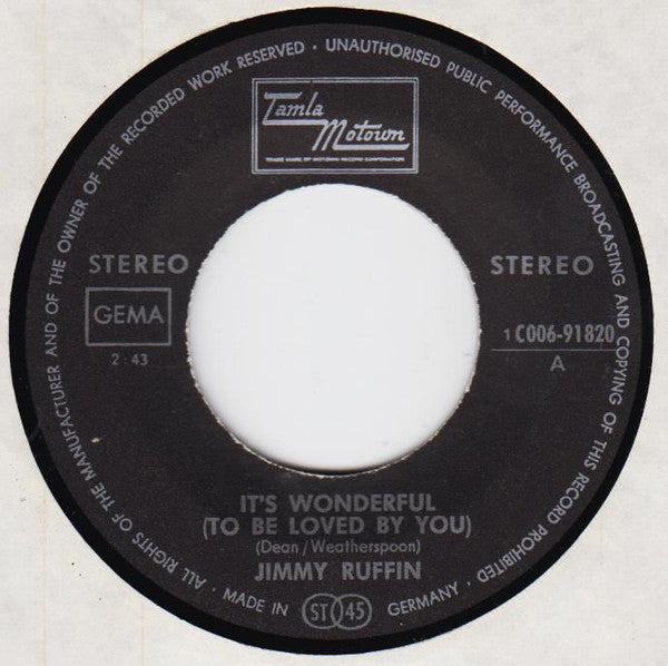 Jimmy Ruffin : It's Wonderful (To Be Loved By You) (7", Single)