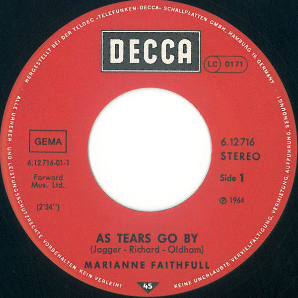 Marianne Faithfull : As Tears Go By (7", Single, RE)