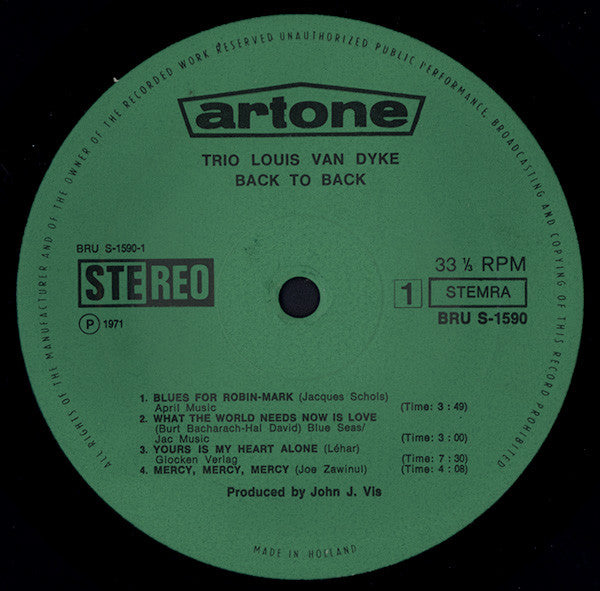 Louis Van Dyke Trio And Kwartet Pim Jacobs : Back To Back (LP)