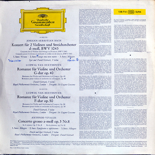 David Oistrach Und Igor Oistrach - Johann Sebastian Bach • Ludwig van Beethoven • Antonio Vivaldi : David Und Igor Oistrach (LP, Album)