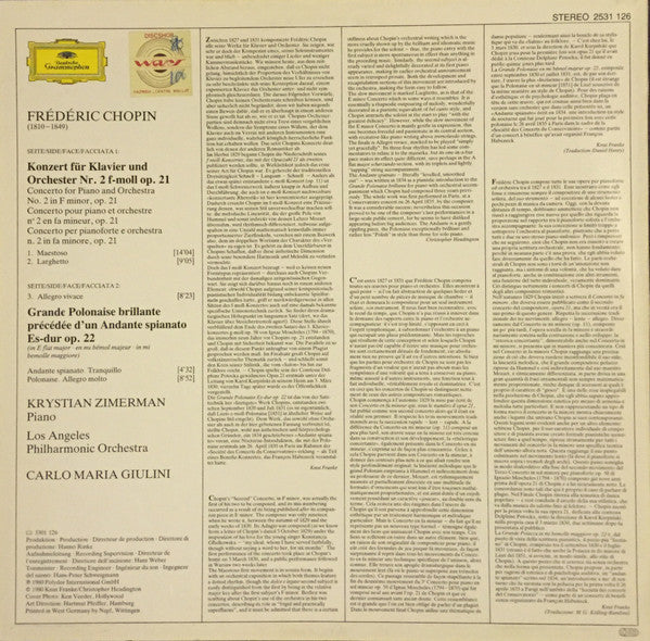 Frédéric Chopin - Krystian Zimerman • Los Angeles Philharmonic Orchestra • Carlo Maria Giulini : Klavierkonzert • Piano Concerto No. 2 •  Andante Spianato Et Grande Polonaise Brillante (LP, Album)